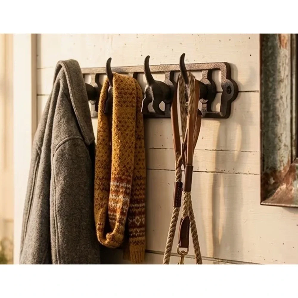Vintage Style Rustic Cast Iron Dog Tails Wall Hook Rack Cottagecore Leash Hanger